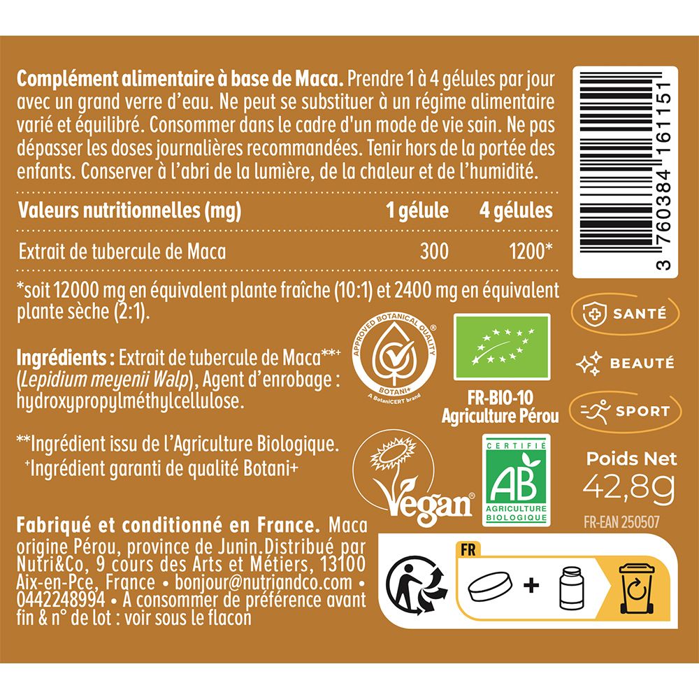 Vue détaillée Nutri & Co Maca Noire Bio. Informations nutritionnelles, logos Bio et Vegan, lieu de fabrication.
