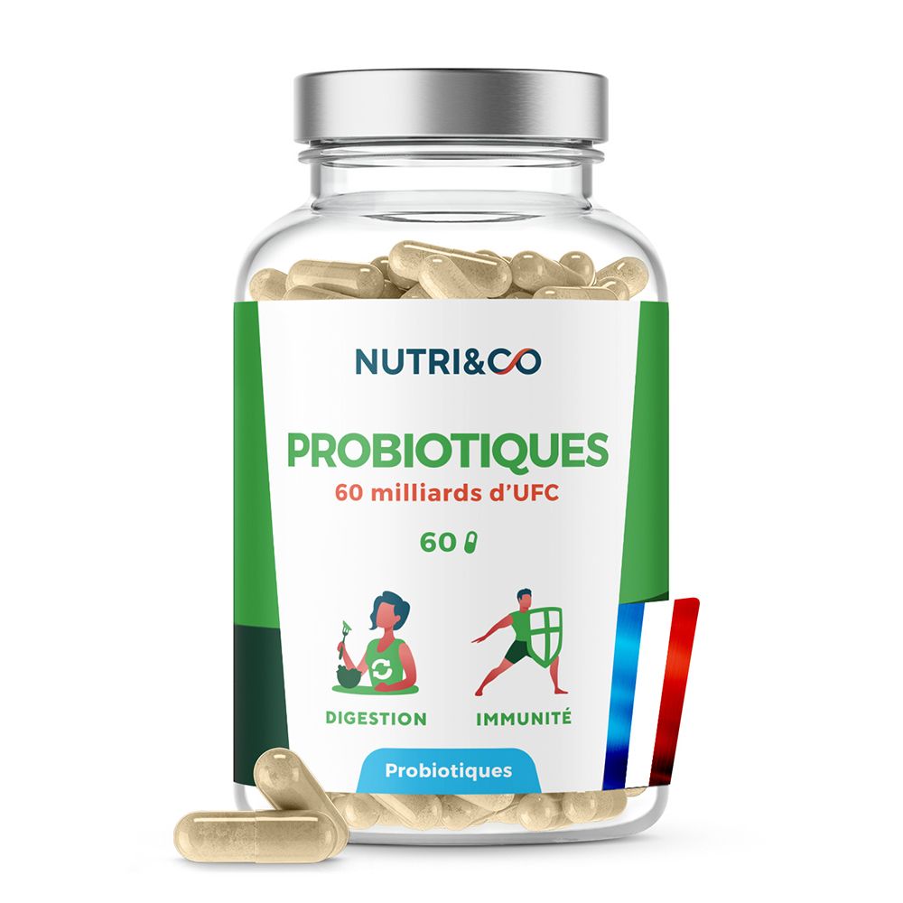 Bouteille Nutri & Co Probiotiques 60 gélules, 60 milliards UFC. Pour la digestion et l'immunité.