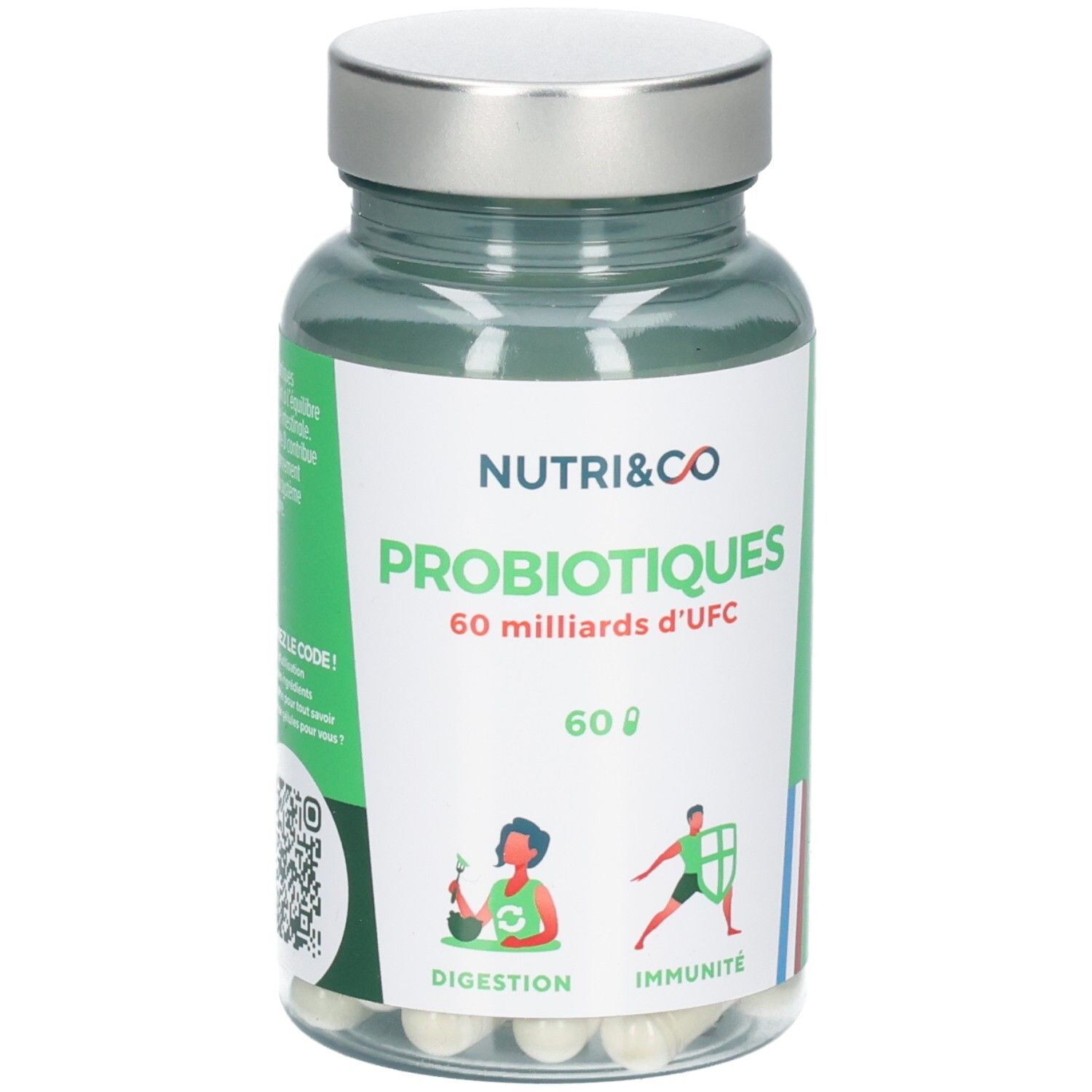 Flacon transparent de gélules. Étiquette "NUTRI&CO PROBIOTICS". 60 milliards d'UFC. Illustrations: Digestion, Immunité.