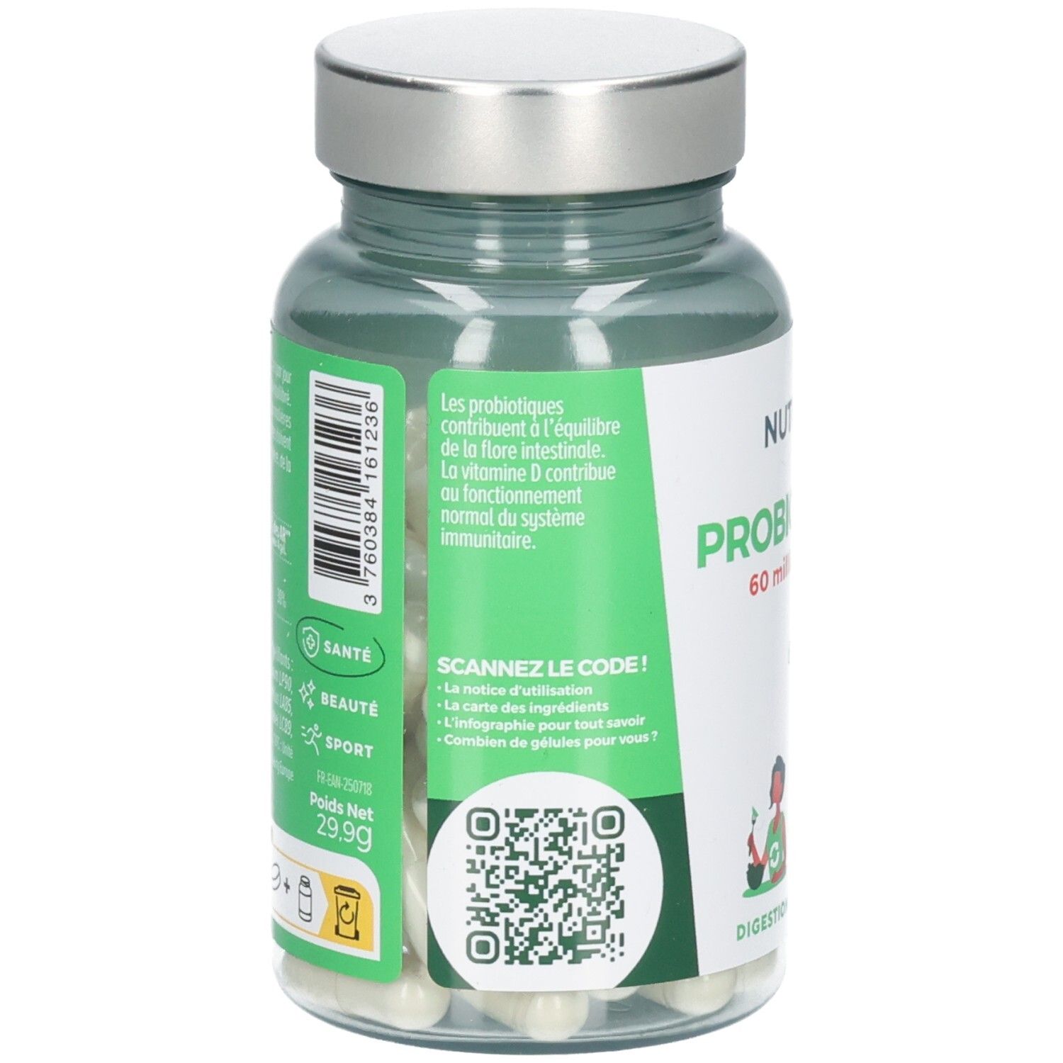 Dos du flacon avec texte. "NUTRI&CO PROBIOTIQUES". Code QR. Informations sur les ingrédients et l'hologramme.