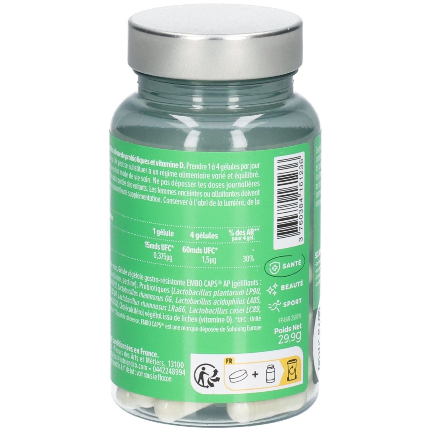 Dos du flacon avec texte. Recommandations de dosage: 1-4 gélules par jour. Ingrédients et informations nutritionnelles.
