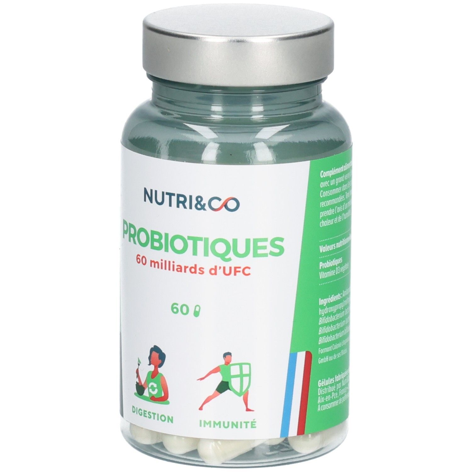 Flacon transparent de gélules. Étiquette "NUTRI&CO PROBIOTIQUES". 60 milliards d'UFC. Illustrations: Digestion, Immunité.