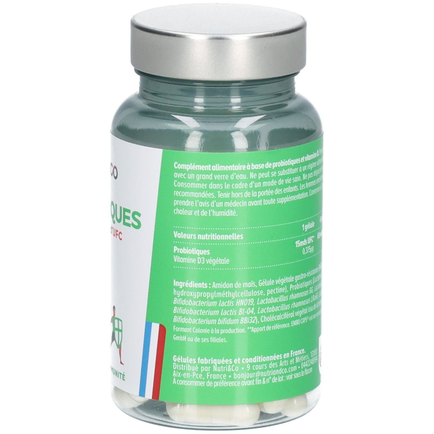 Flacon transparent avec gélules. Étiquette avec ingrédients et informations nutritionnelles. Drapeau français.