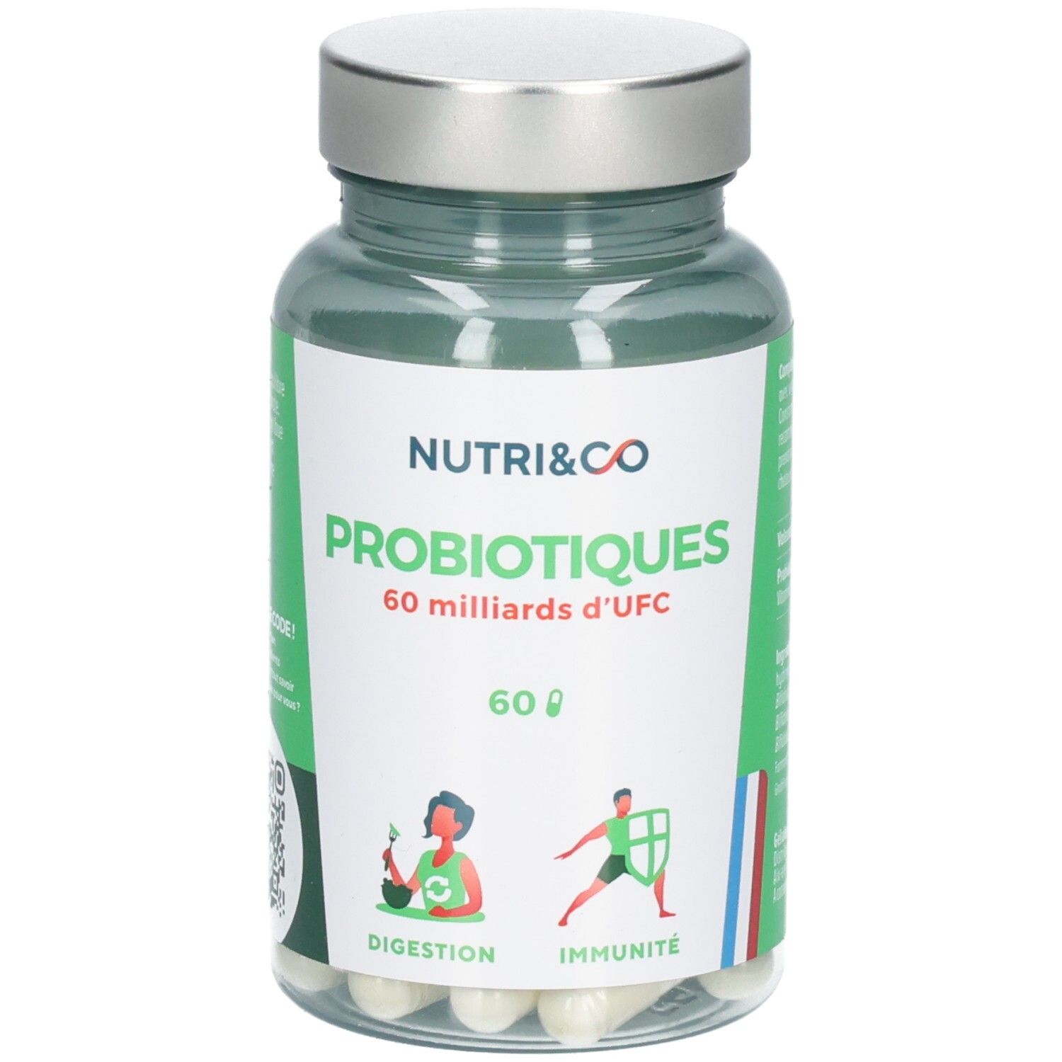 Flacon transparent de gélules. Étiquette "NUTRI&CO PROBIOTIQUES". 60 milliards d'UFC. Illustrations: Digestion, Immunité.