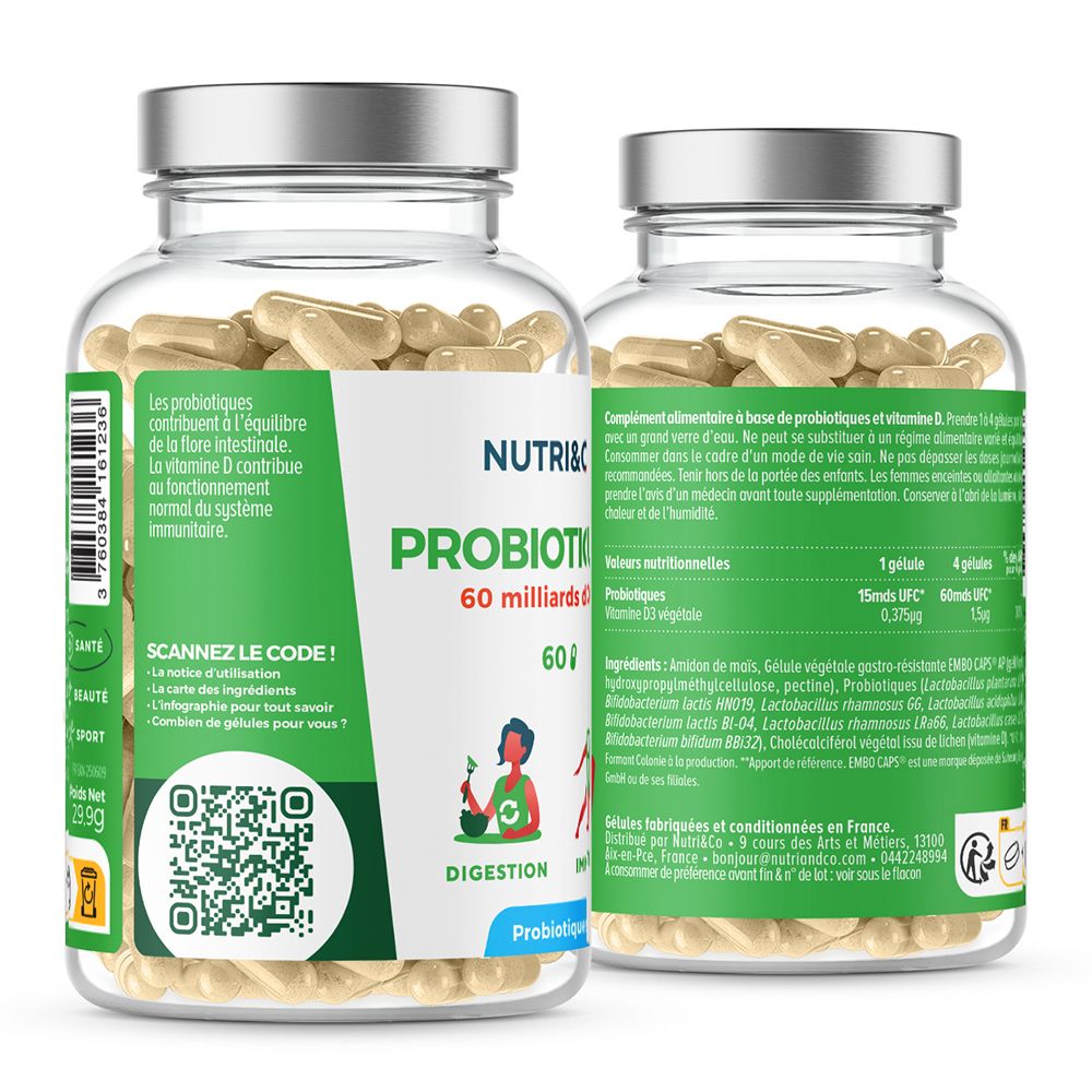 Bouteille Nutri & Co Probiotiques, avant et arrière. Contient 60 gélules, 60 milliards UFC. Avec QR code et informations.
