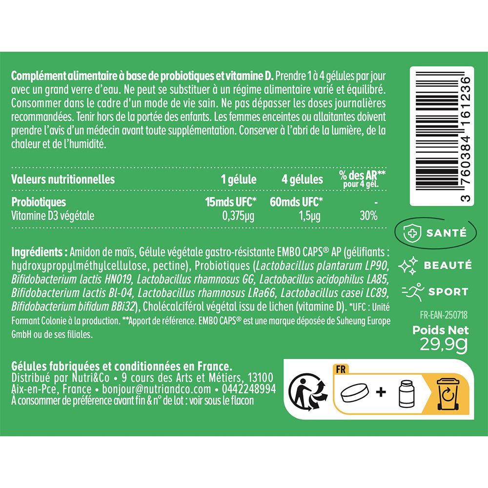 Bouteille Nutri & Co Probiotiques 60 gélules, 60 milliards UFC. Focus sur la digestion et l'immunité.