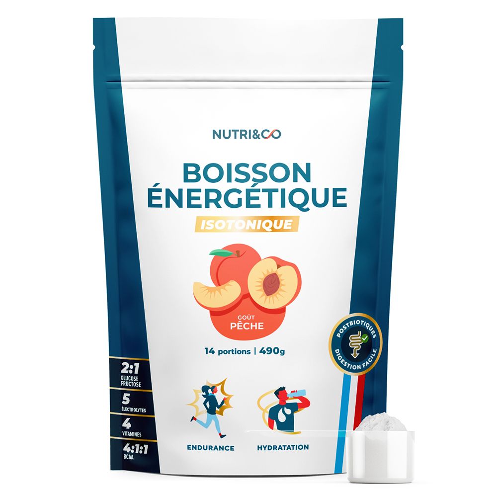 Nutri & Co Boisson énergétique isotonique, goût pêche. Sachet de 490g, 14 portions. Ratio glucose-fructose 2:1.