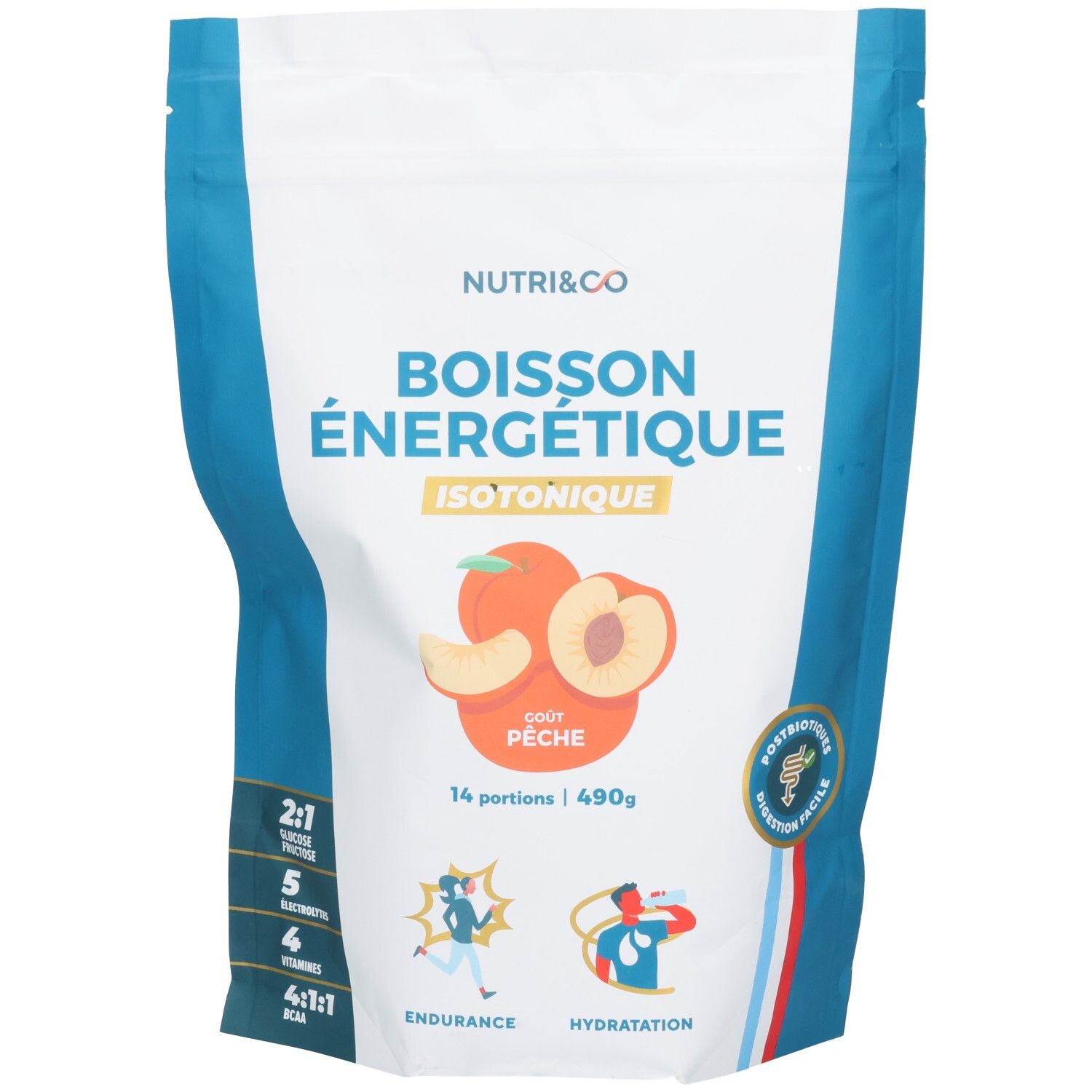 Nutri & Co Boisson énergétique isotonique, goût pêche. Sachet de 490g, 14 portions. Ratio glucose-fructose 2:1.