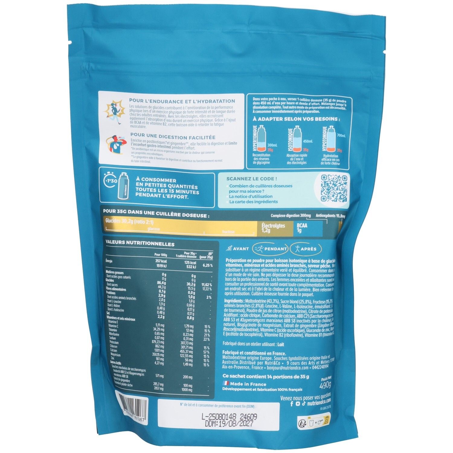 Dos du sachet avec informations nutritionnelles, ingrédients et conseils d'utilisation pour la boisson énergétique.