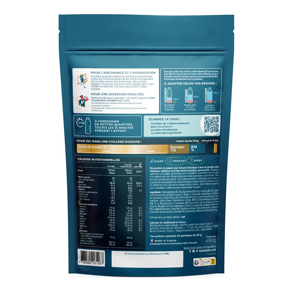 Dos du sachet avec informations nutritionnelles, ingrédients et conseils d'utilisation pour la boisson énergétique.