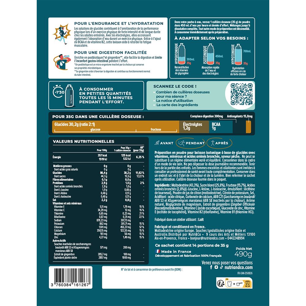Vue détaillée du dos du sachet avec tableau nutritionnel et instructions de préparation pour la boisson énergétique.