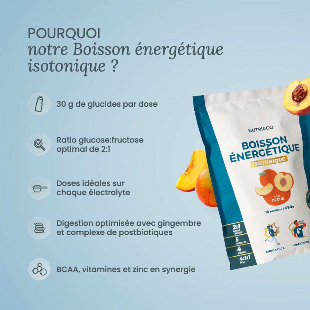 Nutri & Co Boisson énergétique isotonique : 30g glucides, ratio glucose-fructose optimal 2:1, électrolytes, postbiotiques.