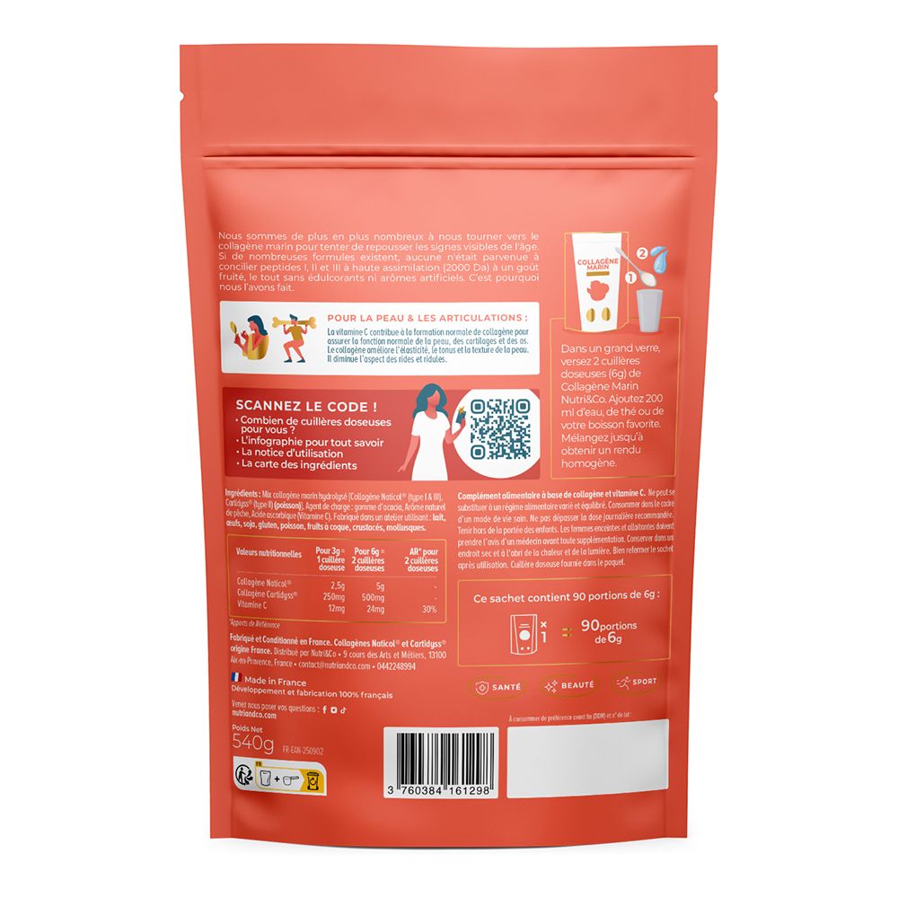 Dos Nutri & Co Collagène Marin, informations nutritionnelles et instructions d'utilisation.
