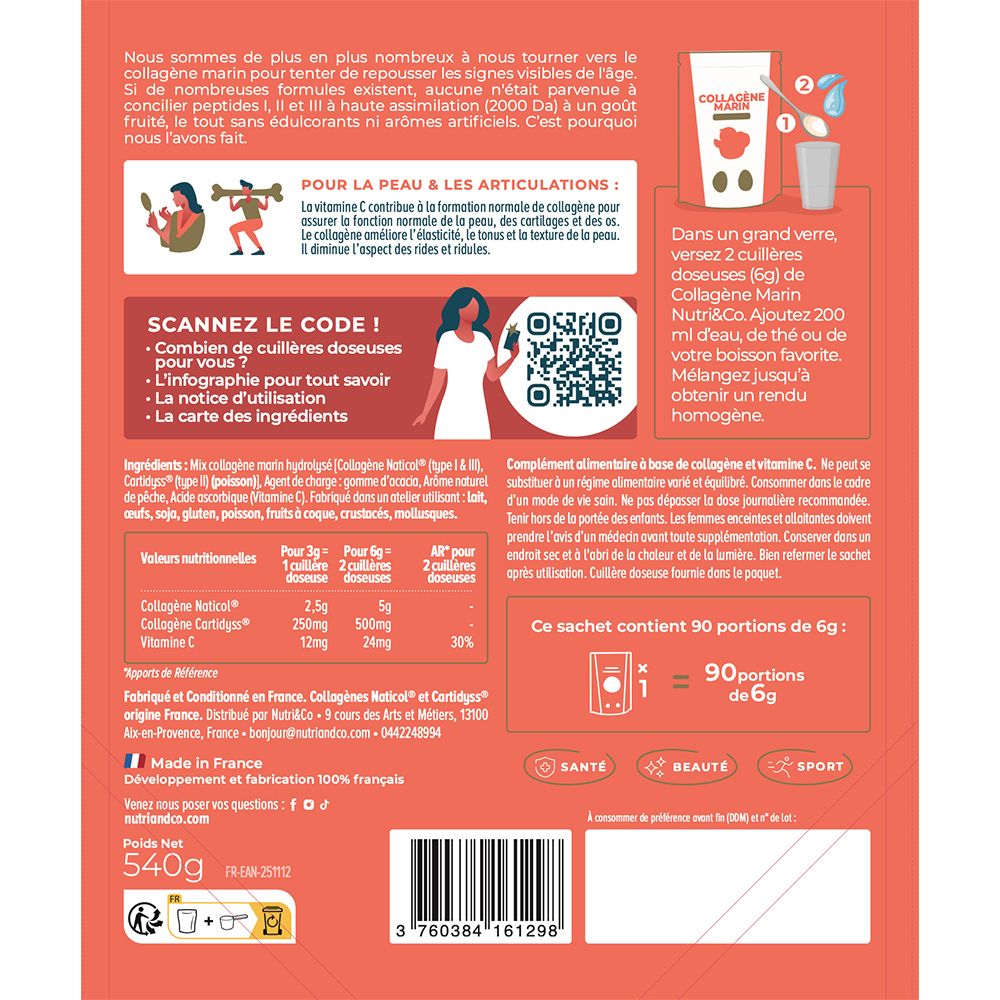 Nutri & Co Collagène Marin, dos détaillé avec informations nutritionnelles et origine.