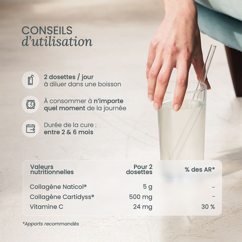 Conseils d'utilisation Nutri & Co Collagène: 2 dosettes par jour dans une boisson.