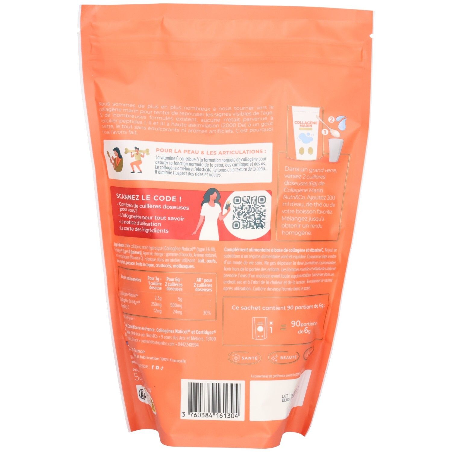 Dos d'un sachet de collagène Nutri & Co avec informations nutritionnelles et conseils d'utilisation.