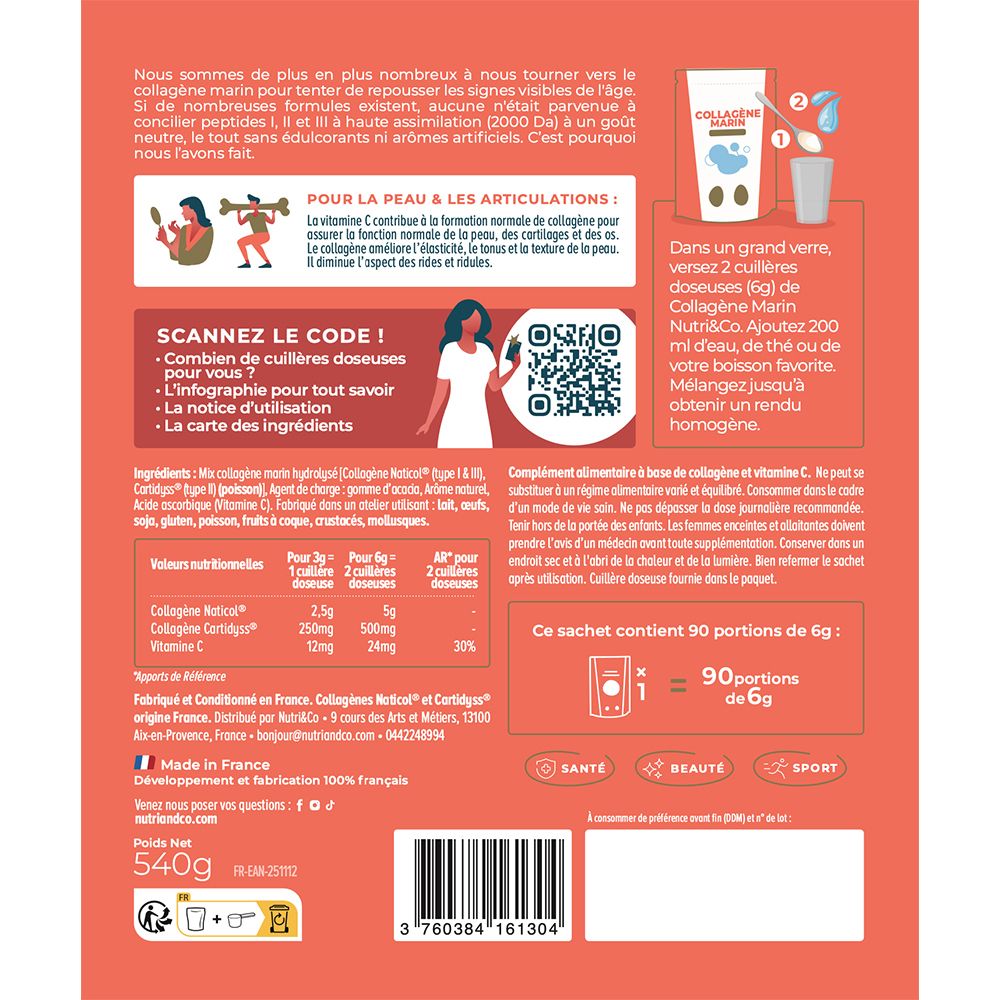 Sachet de collagène Nutri & Co, dos avec détails sur les ingrédients et l'utilisation.