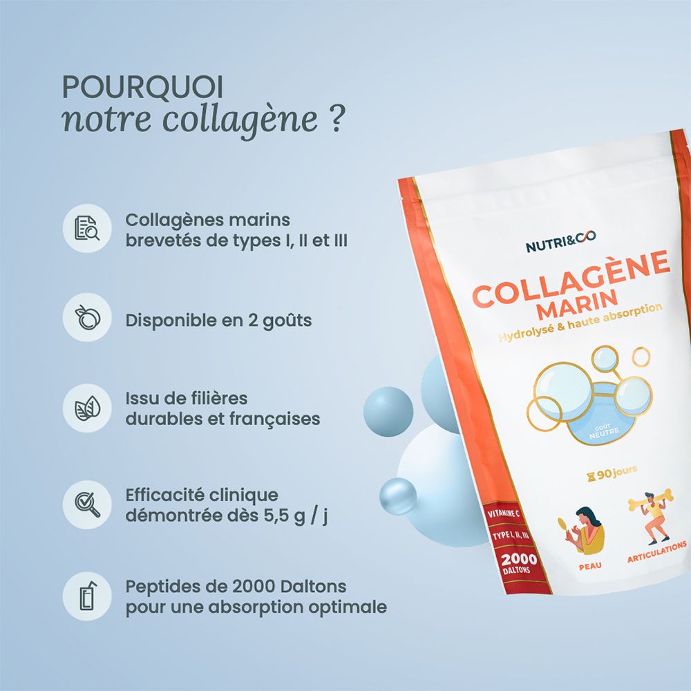 Sachet de collagène Nutri & Co, avantages pour peau et articulations, hydrolysé et haute absorption.