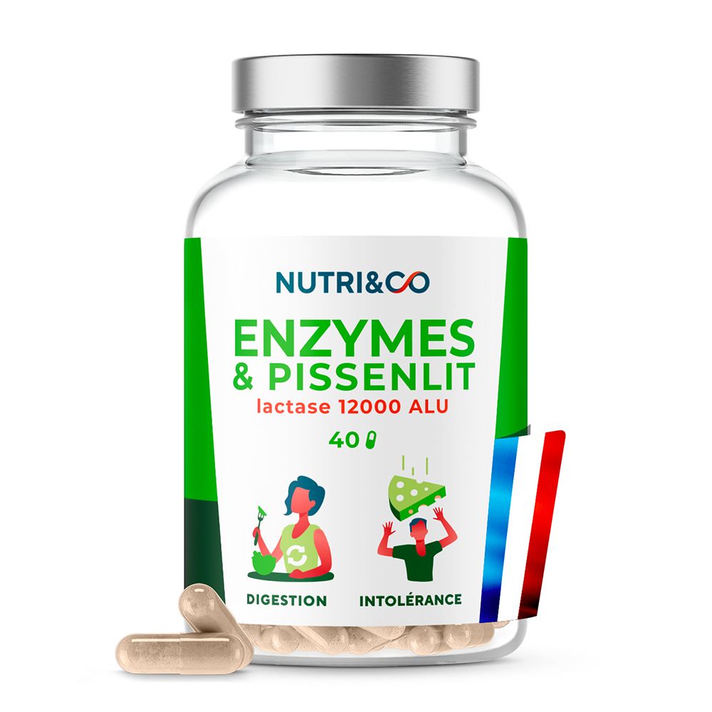 Bouteille de 40 gélules Nutri & Co Enzymes & Pissenlit. Contient de la Lactase 12000 ALU.