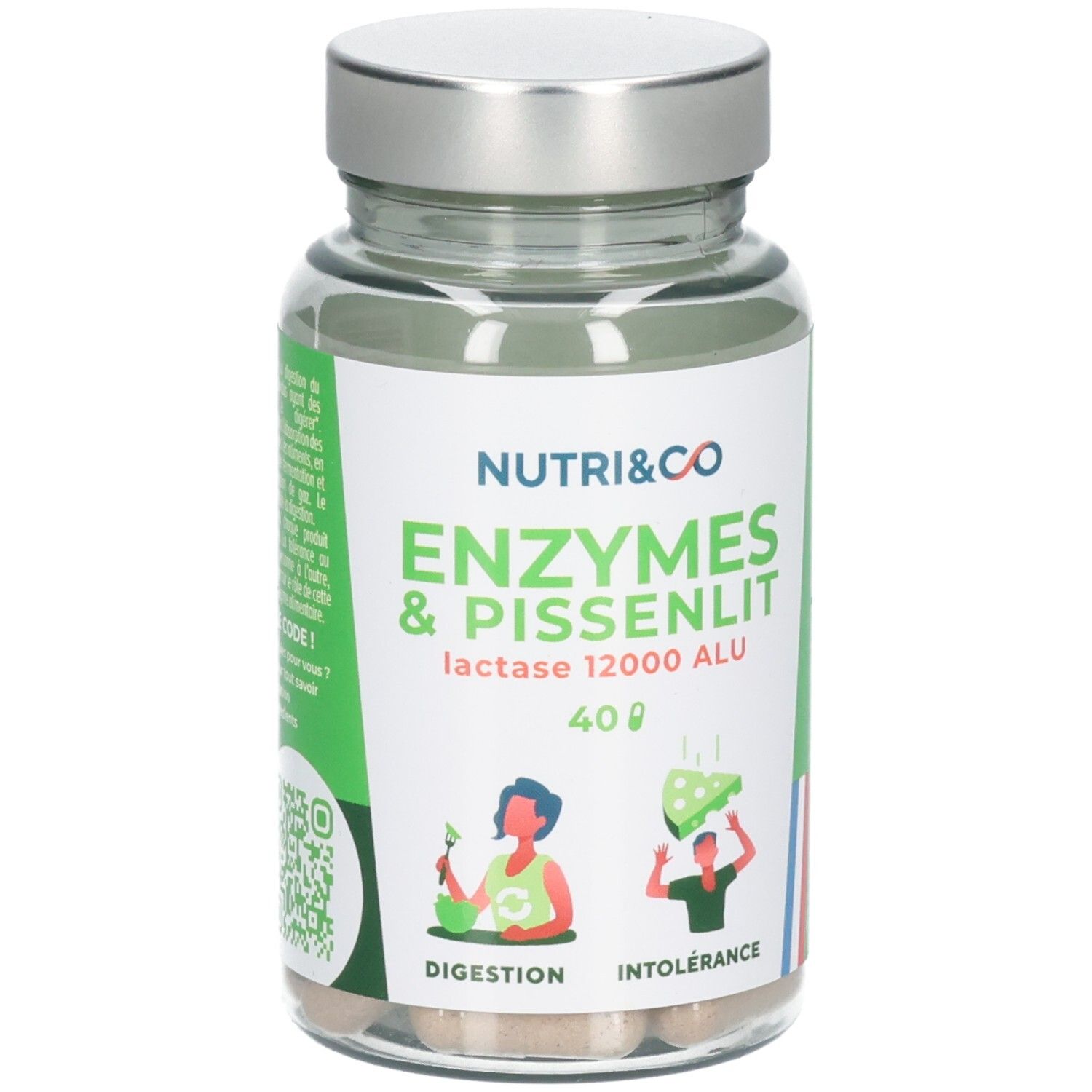 Bouteille de 40 gélules Nutri & Co Enzymes & Pissenlit. Contient de la Lactase 12000 ALU.