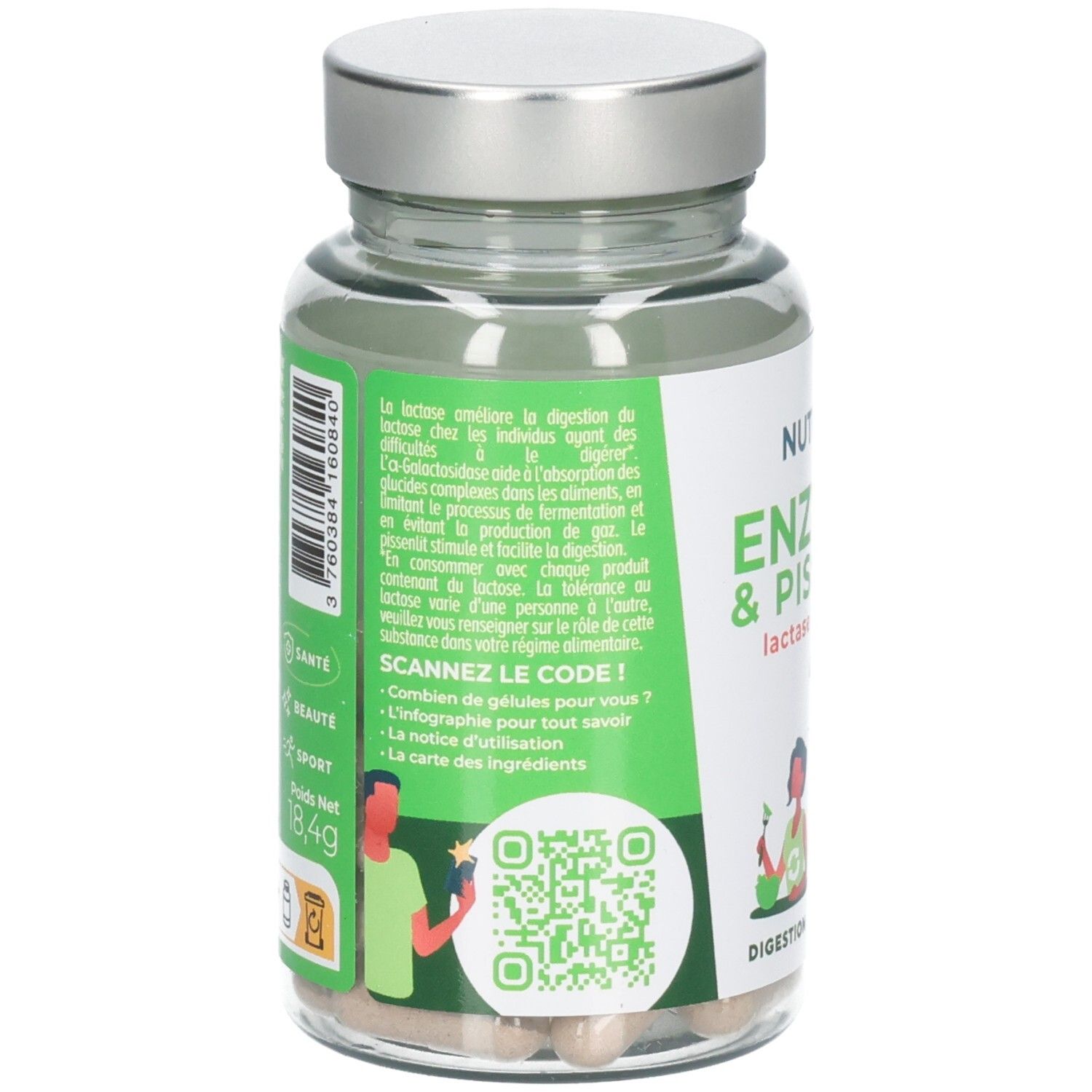 Vue arrière d'une bouteille de gélules Nutri & Co Enzymes & Pissenlit avec informations nutritionnelles et QR code.
