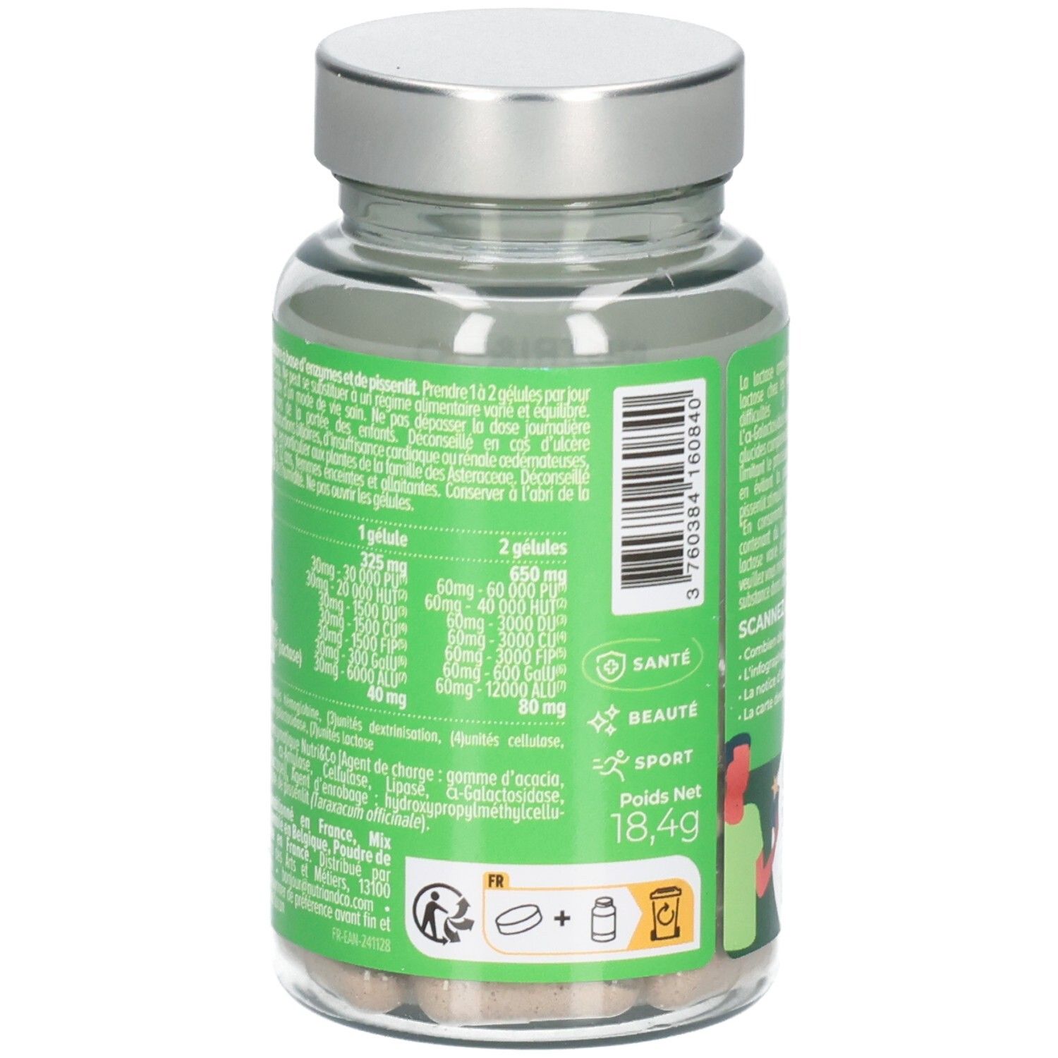 Arrière de la bouteille Nutri & Co Enzymes & Pissenlit avec liste détaillée des ingrédients et certifications.