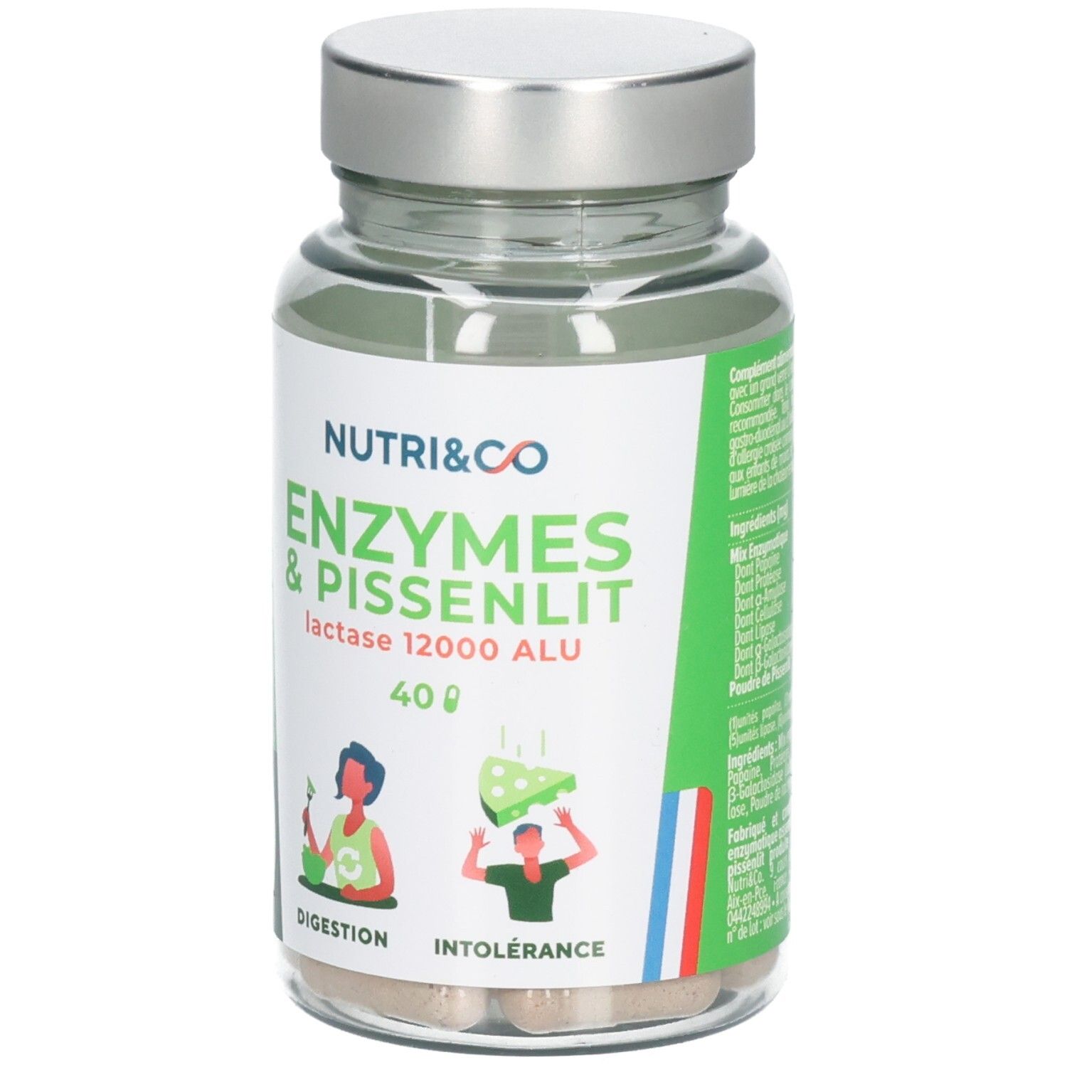 Bouteille de 40 gélules Nutri & Co Enzymes & Pissenlit. Contient de la Lactase 12000 ALU.