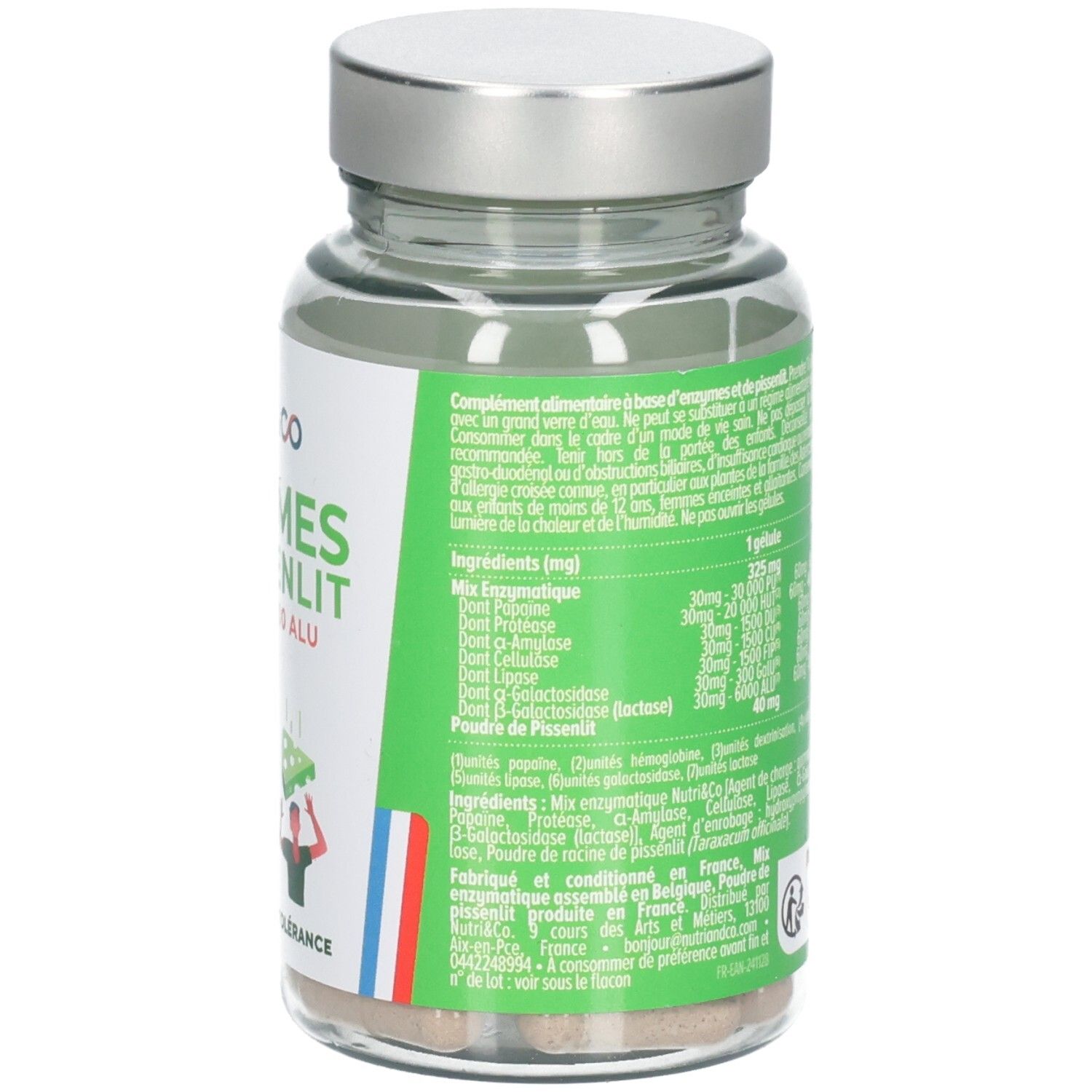 Vue arrière d'une bouteille de gélules Nutri & Co Enzymes & Pissenlit avec informations nutritionnelles et QR code.
