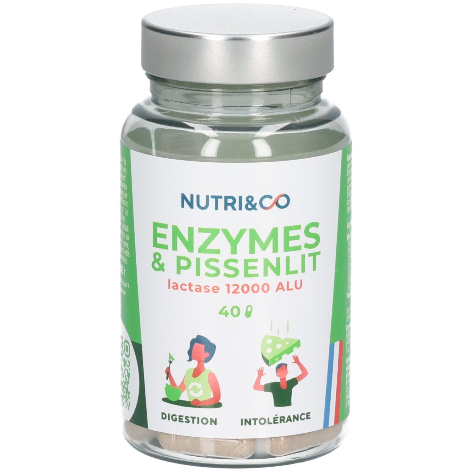 Bouteille de 40 gélules Nutri & Co Enzymes & Pissenlit. Contient de la Lactase 12000 ALU.