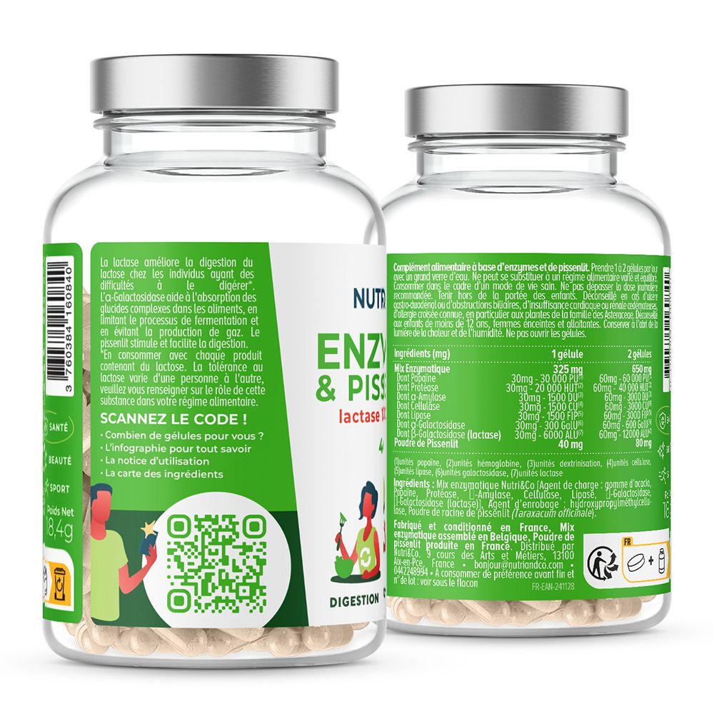 Vue arrière d'une bouteille de gélules Nutri & Co Enzymes & Pissenlit avec informations nutritionnelles et QR code.