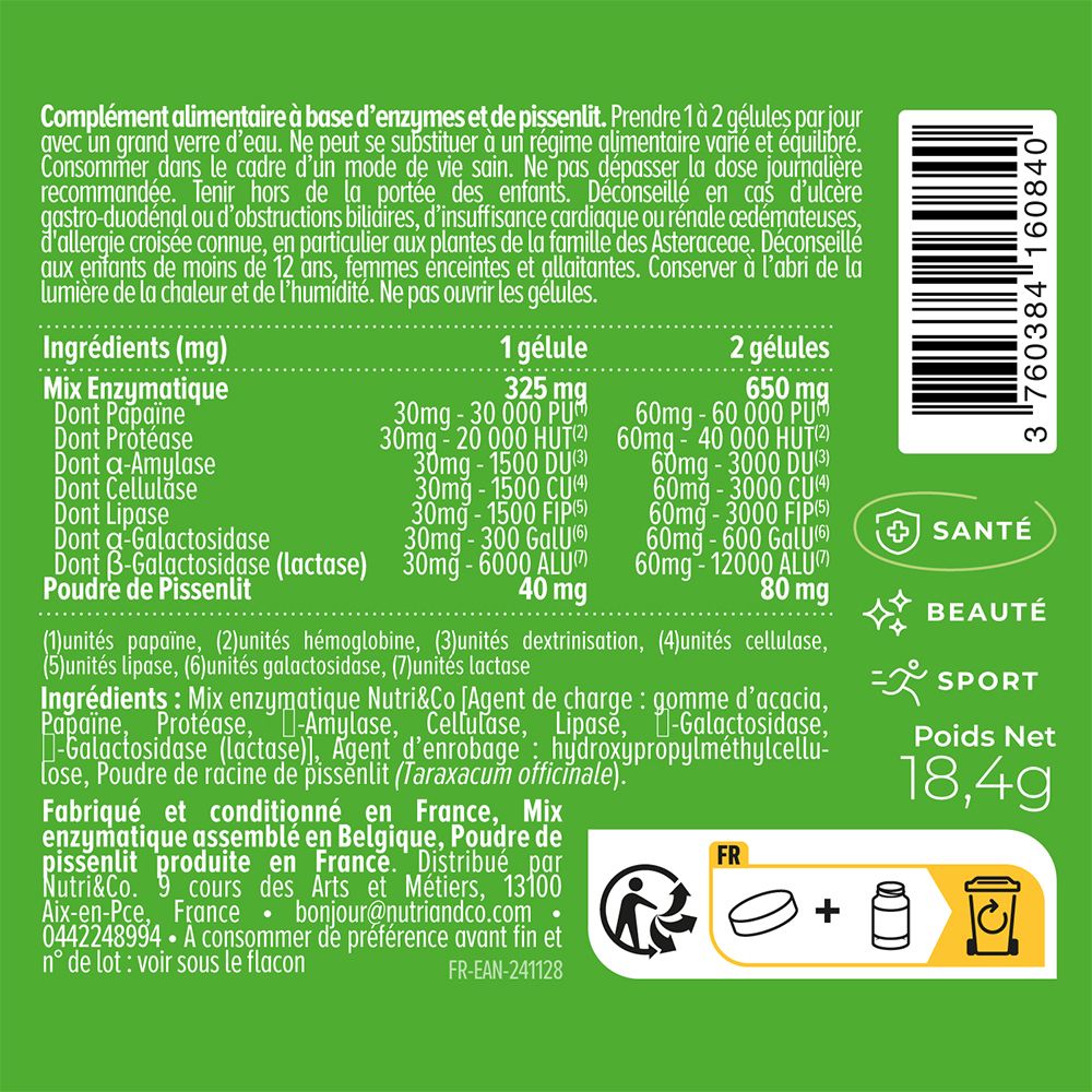 Arrière de la bouteille Nutri & Co Enzymes & Pissenlit avec liste détaillée des ingrédients et certifications.