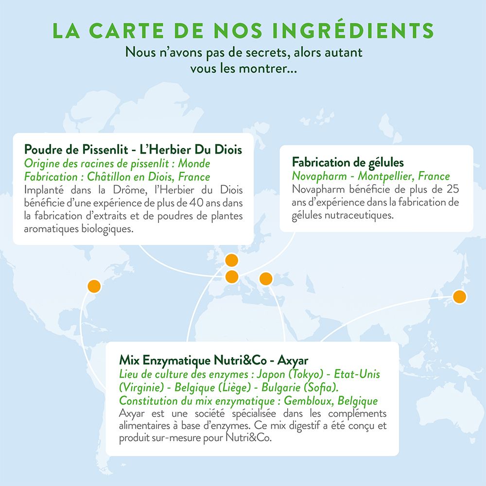 Infographie sur l'origine des ingrédients pour Nutri & Co Enzymes & Pissenlit, montrant une carte du monde et les lieux de production.