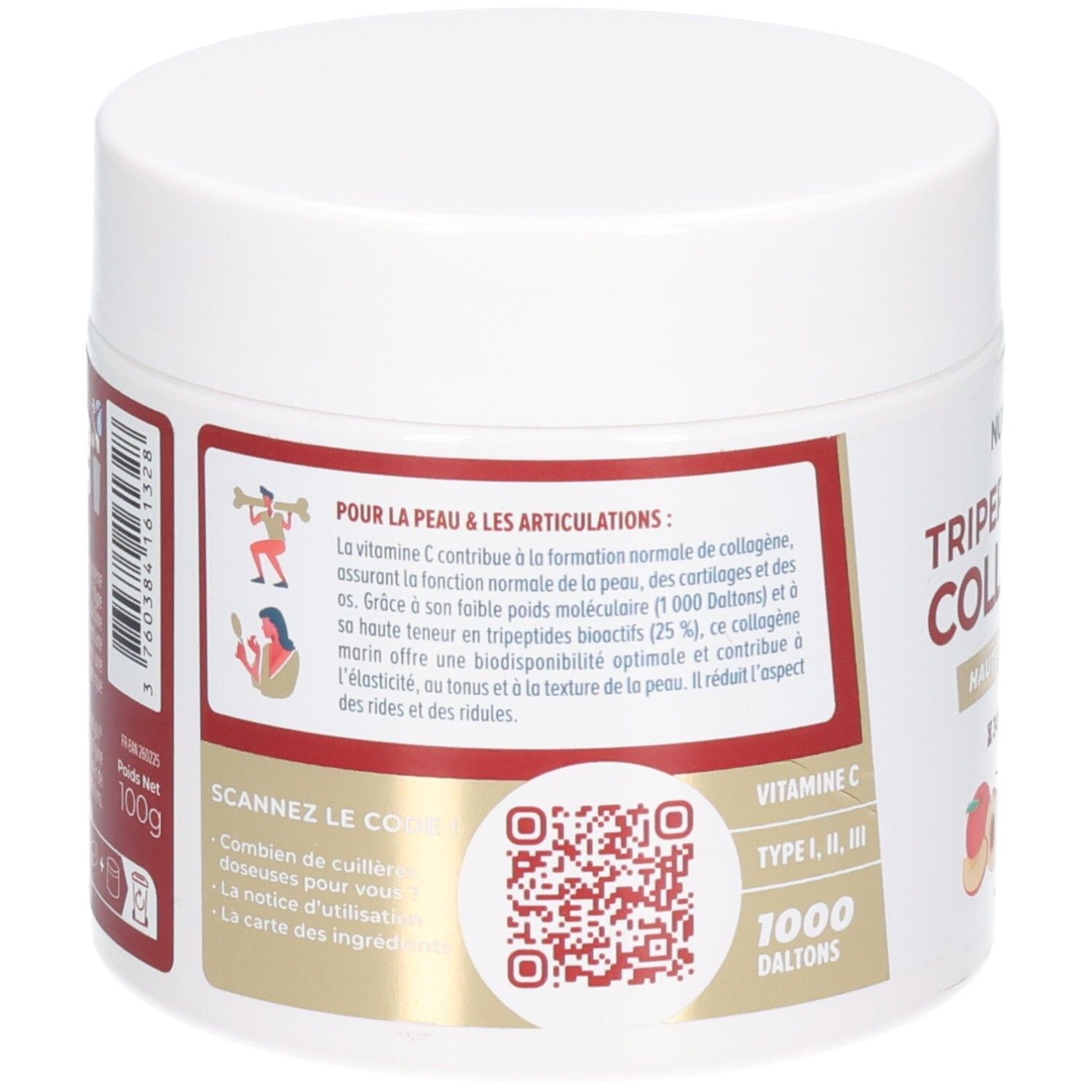 Dos du pot blanc. Étiquettes rouges et blanches avec texte et QR code. Inscription: 100g. Illustrations.