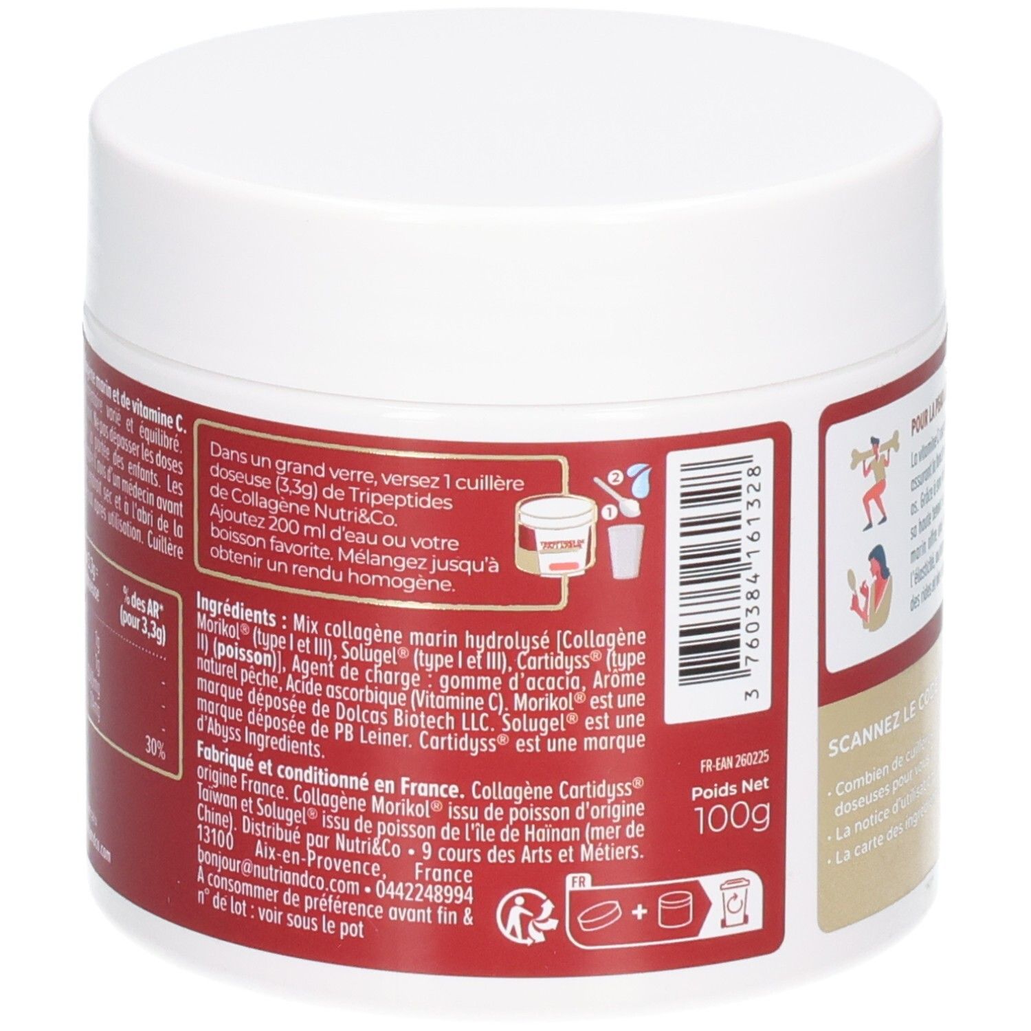 Dos du pot blanc. Étiquettes rouges et blanches avec texte. Inscription: Ingrédients, 100g. Fabriqué en France.
