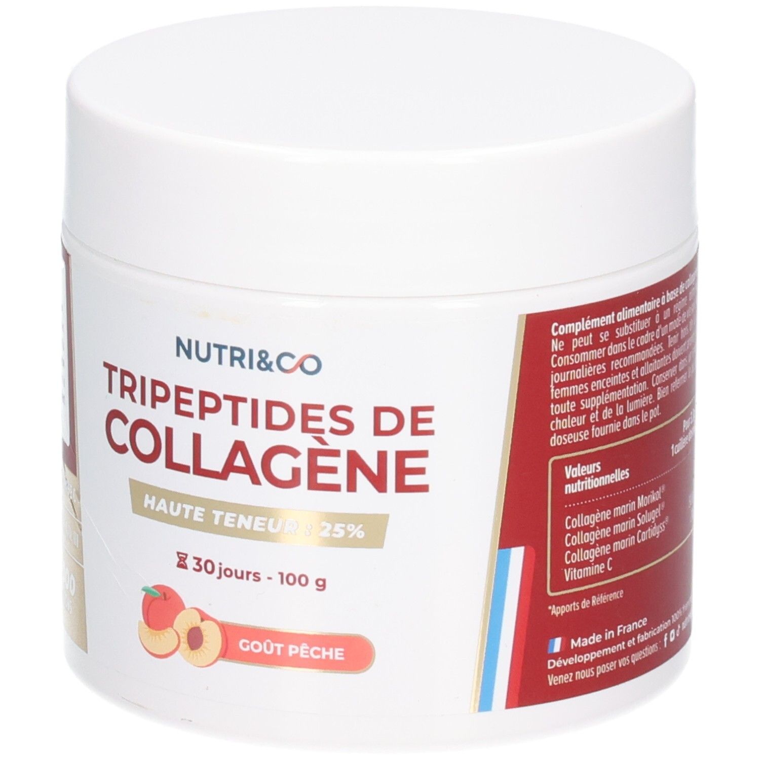 Pot blanc avec étiquette rouge et blanche. Inscription: Nutri&Co Tripeptides de Collagène, 100g, goût pêche. Illustration pêche.
