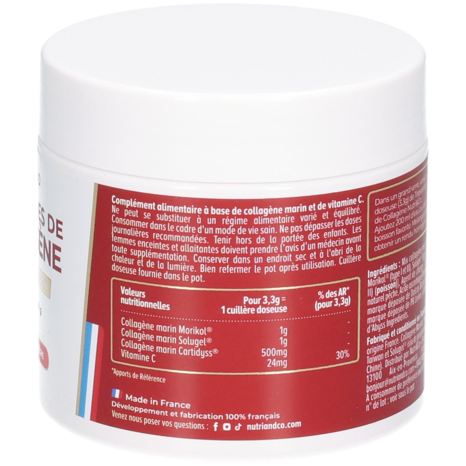 Dos du pot blanc. Étiquettes rouges et blanches avec texte. Inscription: Valeurs nutritionnelles, fabriqué en France. Drapeau.