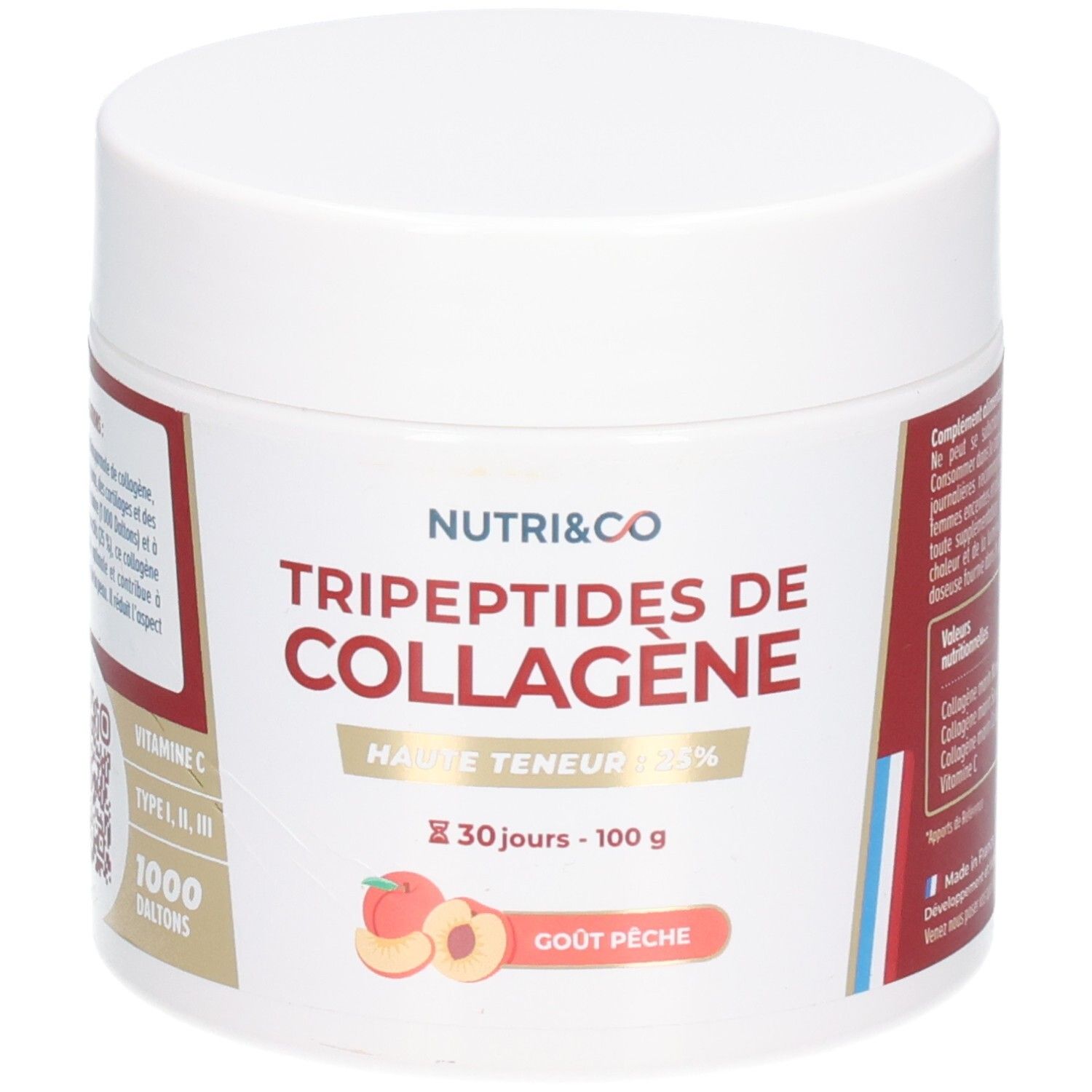 Pot blanc avec étiquette rouge et blanche. Inscription: Nutri&Co Tripeptides de Collagène, 100g, goût pêche. Illustration pêche.