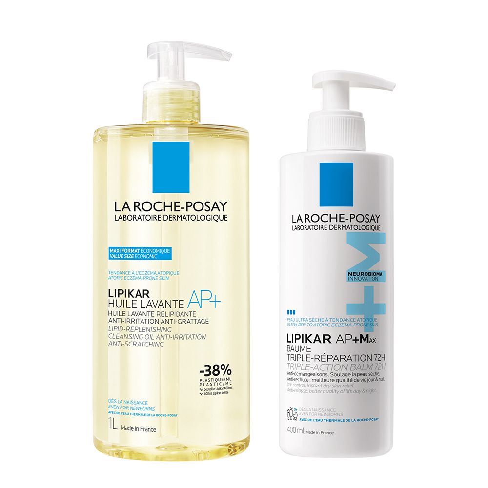 Deux flacons La Roche-Posay Lipikar. À gauche : flacon blanc avec accent bleu. À droite : flacon jaune avec pompe et produit jaune.