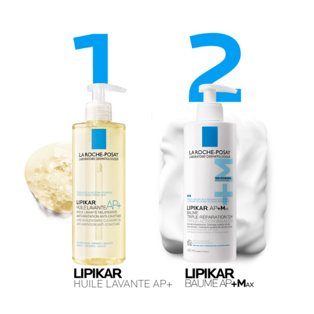 Huile lavante Lipikar AP+ de La Roche-Posay dans un flacon jaune avec pompe.