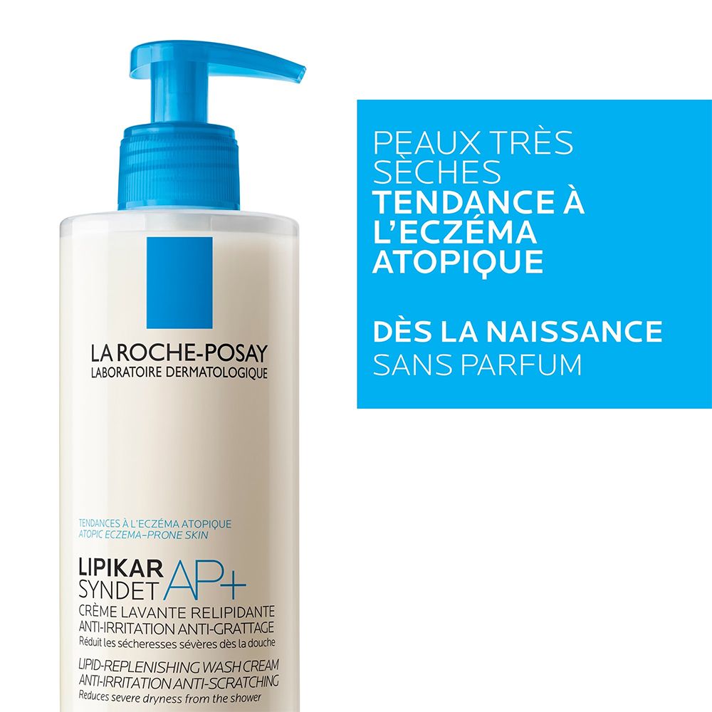 Flacon La Roche-Posay Lipikar Syndet AP+ avec pompe bleue. Texte : Peaux atopiques, dès la naissance, sans parfum.