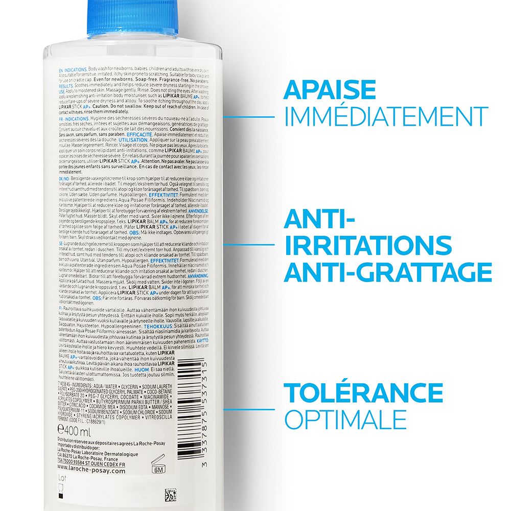 Dos du flacon La Roche-Posay. Texte : Apaise immédiatement, anti-irritations, tolérance optimale.