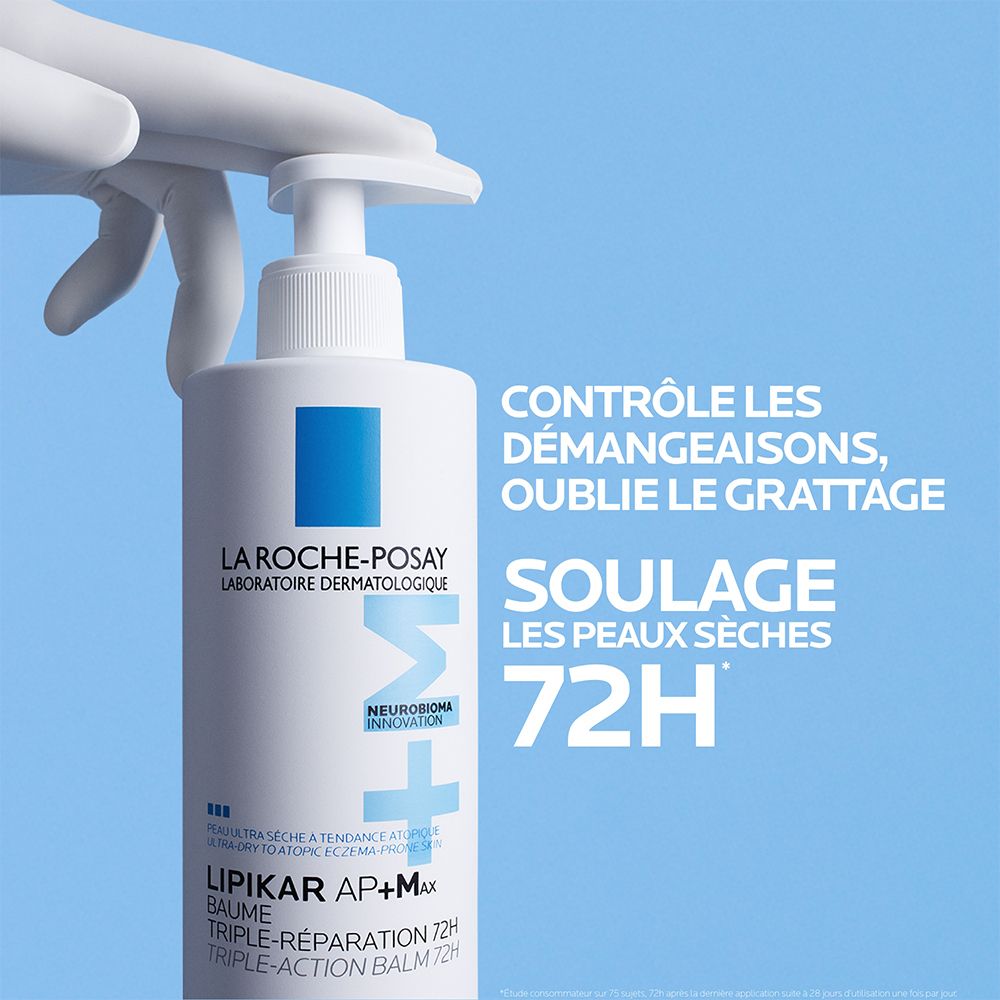 Flacon La Roche-Posay Lipikar Baume AP+MAX. Texte : Contrôle les démangeaisons, soulage les peaux sèches, 72H.