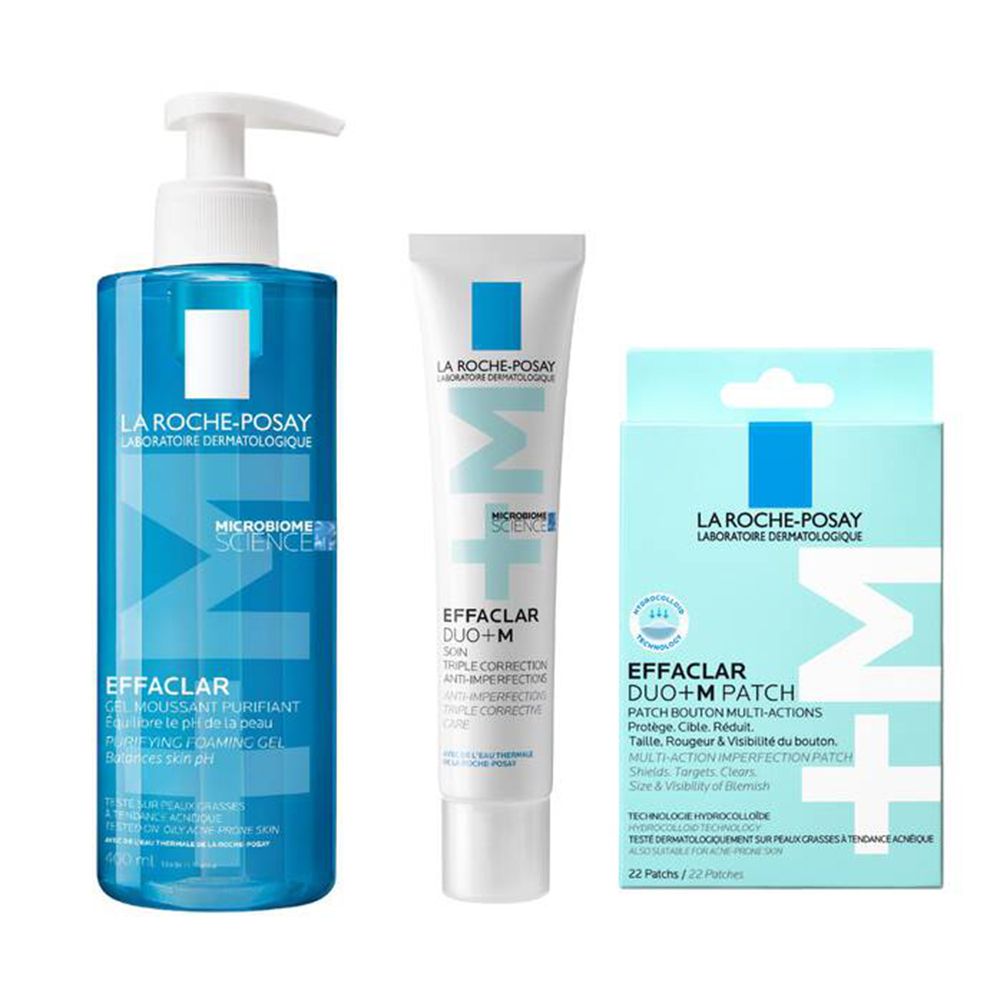 Trois produits : tube, flacon et boîte. "EFFACLAR" est écrit sur le tube et le flacon. "EFFACLAR DUO+M PATCH" est écrit sur la boîte.