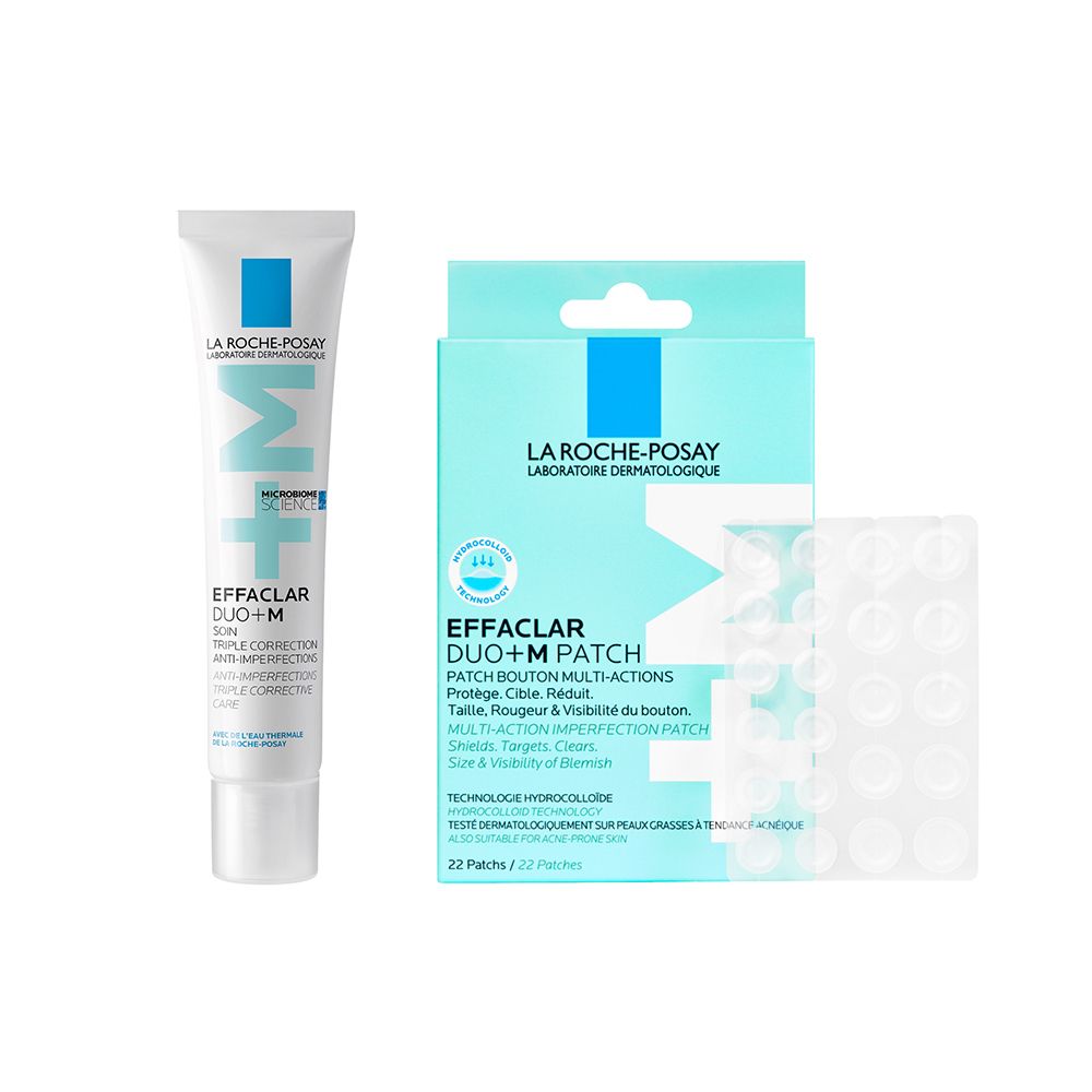 Deux produits : tube de crème Effaclar DUO+M. Boîte rectangulaire Effaclar DUO+M Patch, 22 patchs. Logo La Roche-Posay.