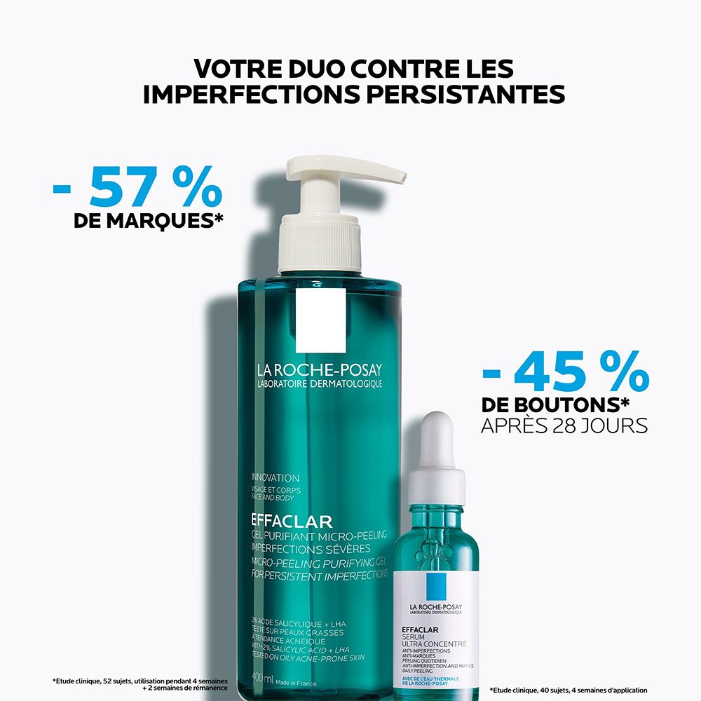 Deux produits La Roche-Posay : Effaclar Gel Micropeeling et Effaclar Sérum ultra-concentré. Texte avec pourcentages d'amélioration de la peau.
