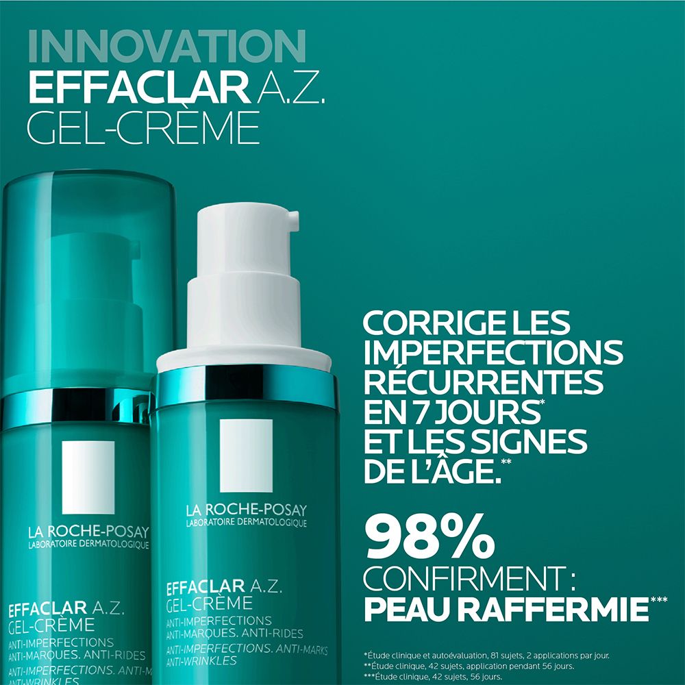 La Roche-Posay Effaclar A.Z. Gel-crème. Deux flacons, texte sur l'amélioration de la peau en 7 jours et les signes de l'âge.