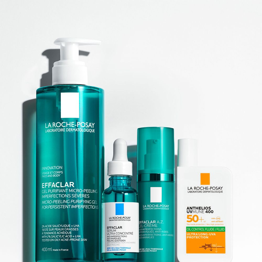 Quatre produits La Roche-Posay : Effaclar Gel Micropeeling, Effaclar Sérum ultra-concentré, Effaclar A.Z. Gel-crème et Anthelios UVmune 400.