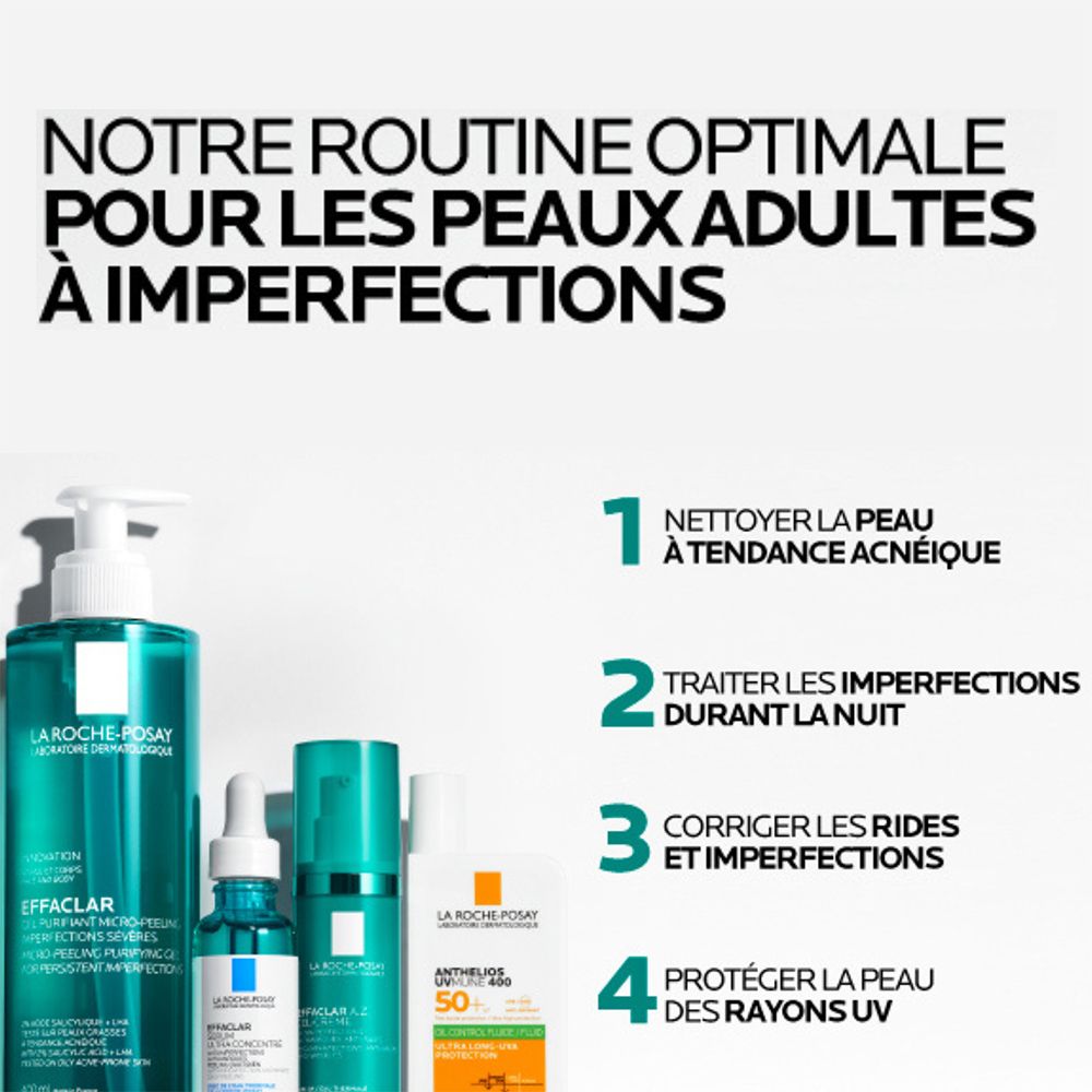 Produits La Roche-Posay. Quatre étapes pour une routine optimale pour les peaux à imperfections. Produits visibles.