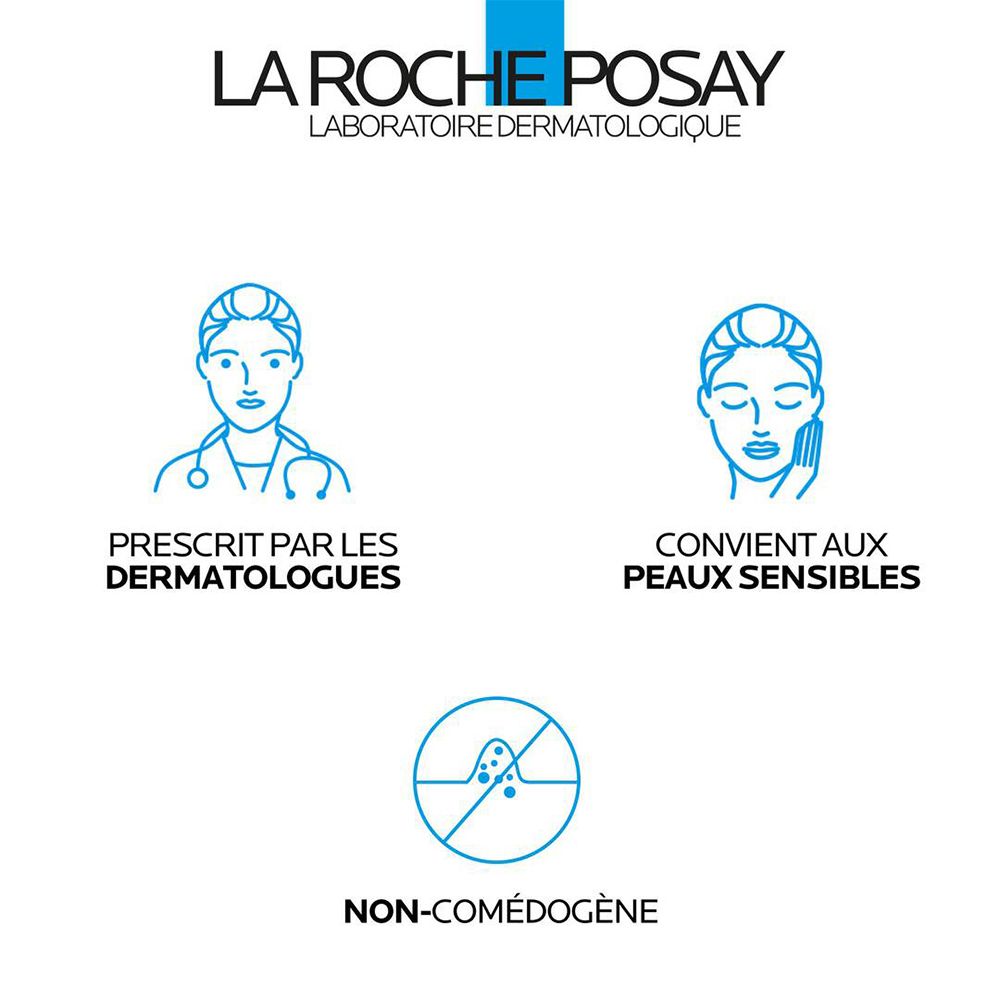 Logo La Roche-Posay. Texte : Prescrit par les dermatologues, convient aux peaux sensibles, non comédogène.