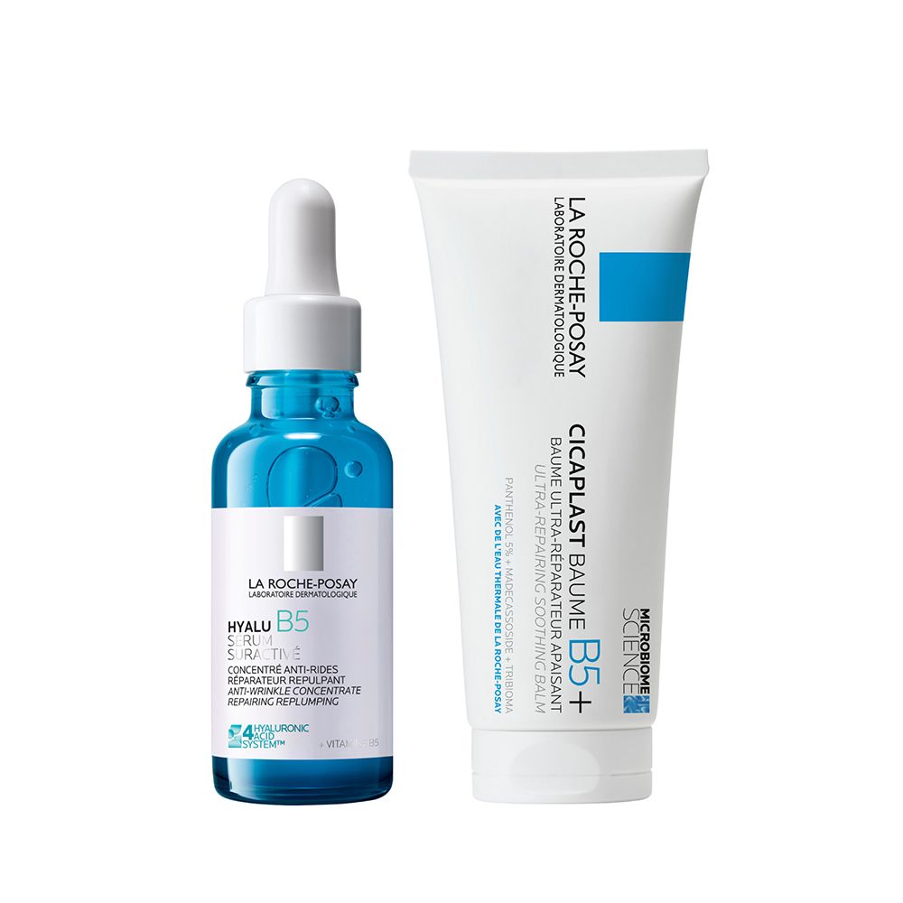 Trois produits : un flacon de sérum bleu avec pipette, un tube blanc et un sceau rond. Inscription : La Roche-Posay.